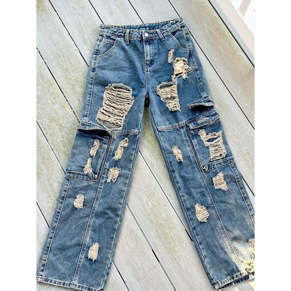 Distressed Baggy Cargo Wide Leg Jeans